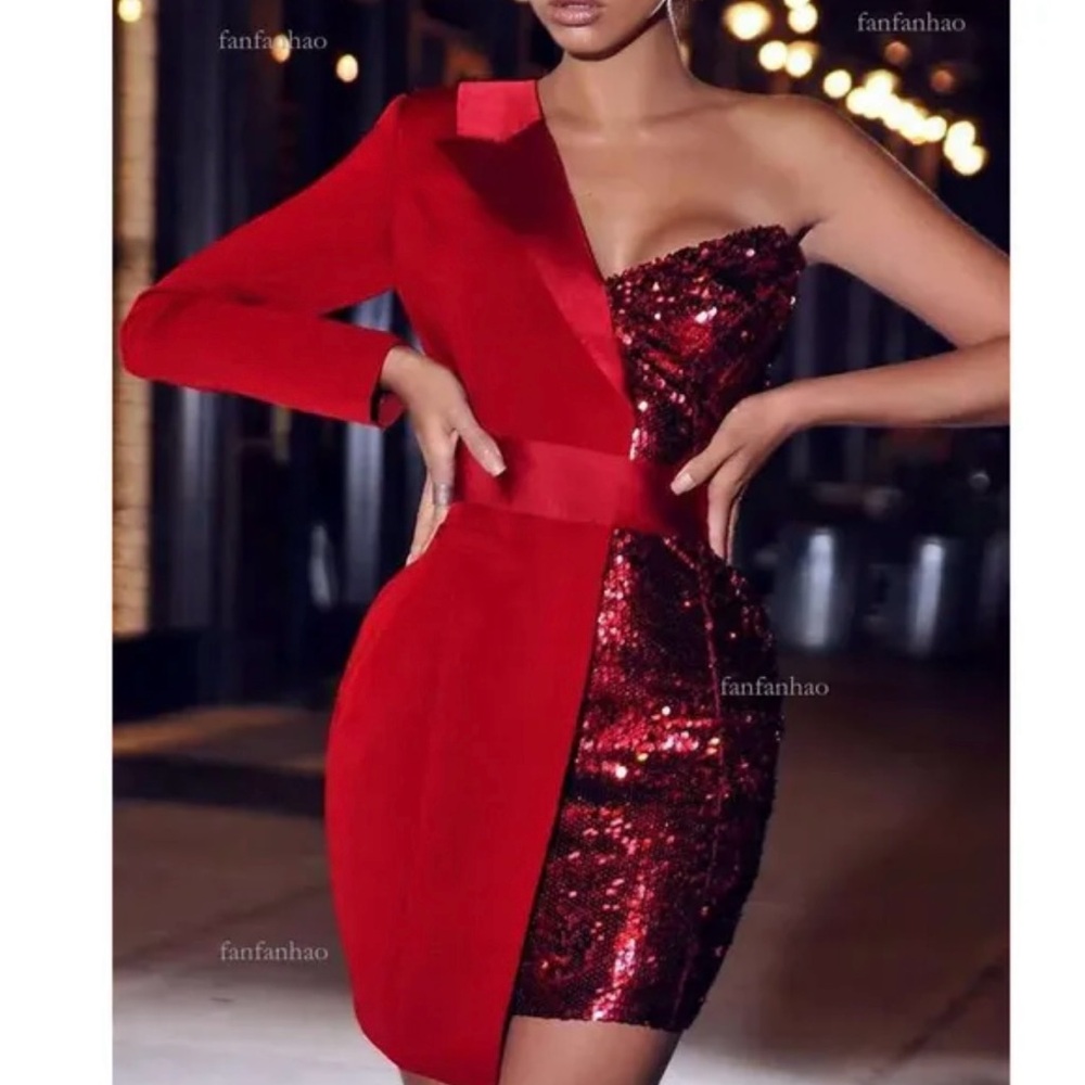 Elegant Red Sequin One-Shoulder Dress